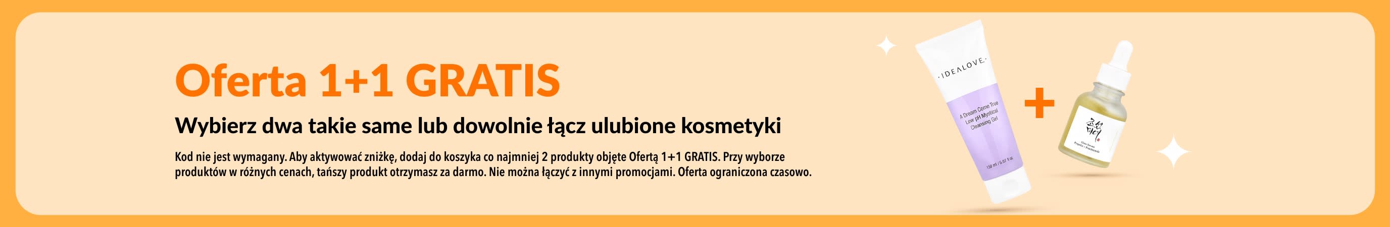 Wyprzedaż kosmetyków: Oferta 1+1 GRATIS. Promocja obejmuje produkty do pielęgnacji skóry - wybierz dwa ulubione produkty i zapłać za jeden.