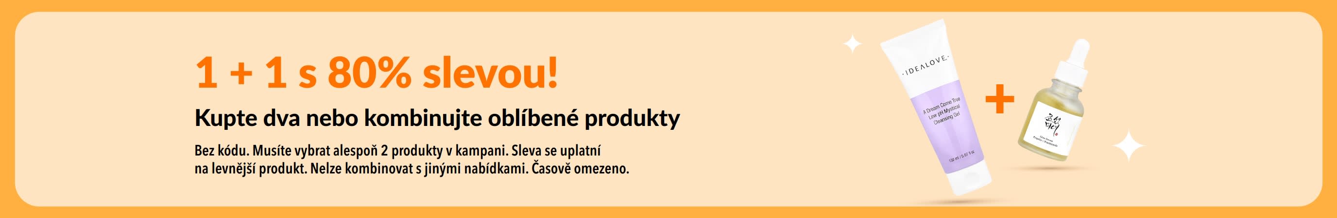 Akce 1 + 1 s 80% slevou na kosmetické produkty, s produkty péče o pleť a kombinací oblíbených kosmetických produktů.