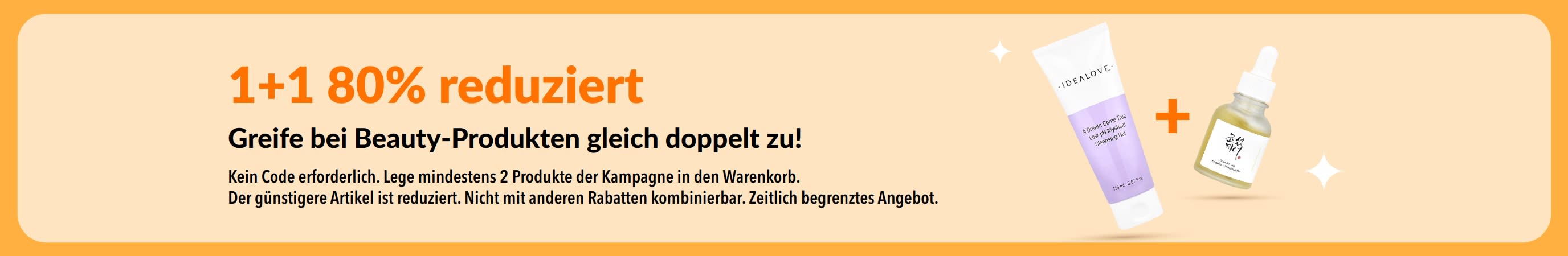 „Kauf eins, bekomme das zweite mit 80 % Rabatt“ – Beauty-Sale mit Hautpflegeprodukten und einer Aktion, bei der du deine Lieblingsprodukte frei kombinieren kannst.
