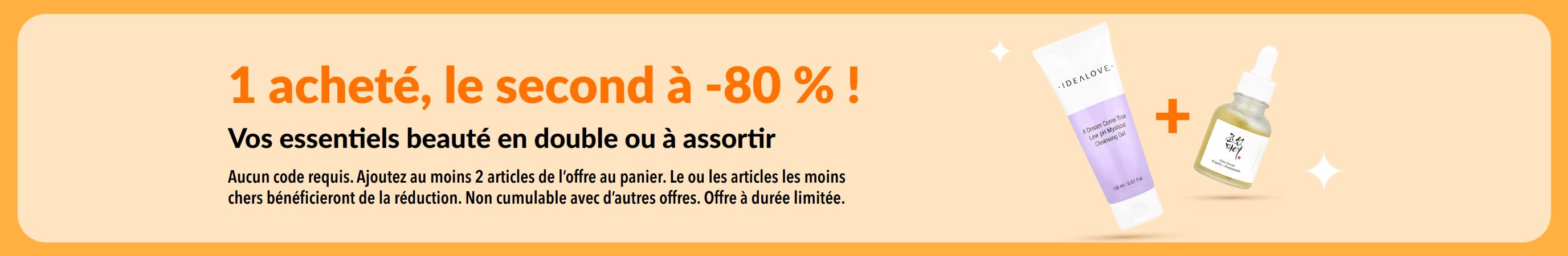 Offre beauté : un acheté, le deuxième à -80 %, sur une sélection de soins et de produits beauté à assortir selon vos envies.