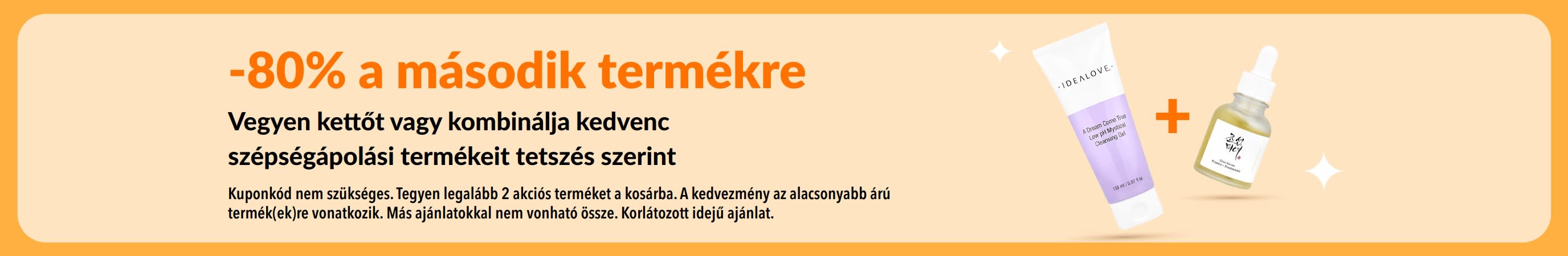 Vásároljon két terméket, és a másodikat 80% kedvezménnyel kínáljuk szépségápolási akciónk keretében, amelyben bőrápolási készítmények és tetszőlegesen összeállítható kozmetikumok szerepelnek.
