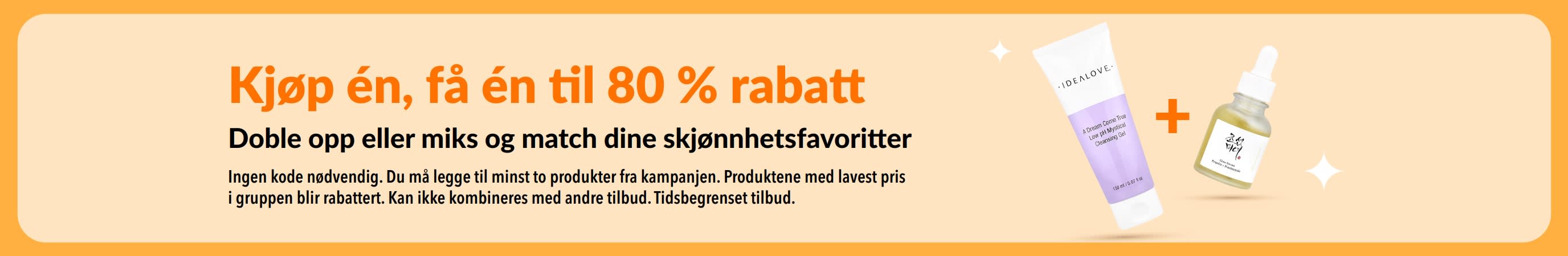 Kjøp én, få 80 % rabatt på nr. 2 i vårt skjønnhetssalg, med hudpleieprodukter og en «miks og match»-kampanje på dine skjønnhetsfavoritter.