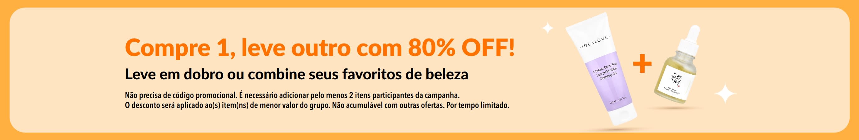 Oferta de beleza compre 1, leve outro com 80% OFF, com produtos de skincare e oferta para combinar seus favoritos de beleza.