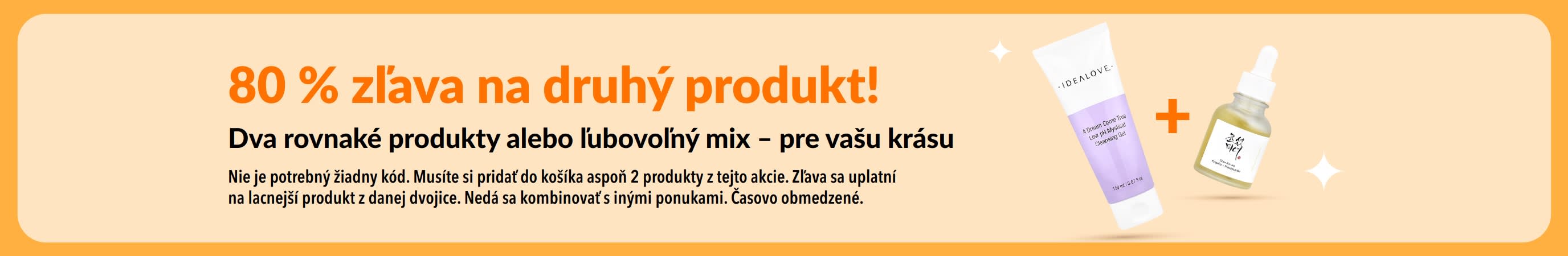 Výpredaj s 80 % zľavou na druhý kozmetický produkt zobrazujúci kozmetiku a akciu na kombinovanie produktov pre krásu.