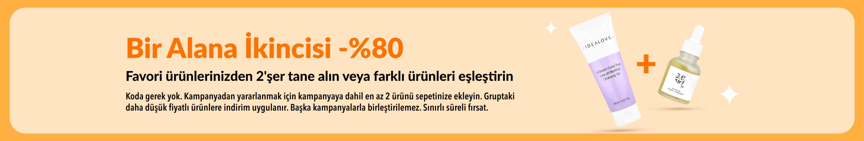 Cilt bakım ürünlerinin ve seçili güzellik favorilerinde karıştır ve eşleştir kampanyasının öne çıktığı, 1 alana 2.si %80 indirimli güzellik kampanyası.