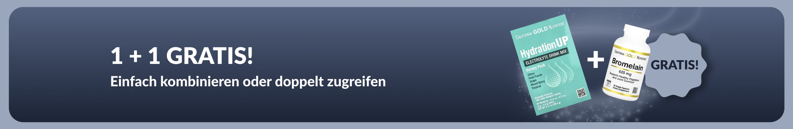 iHerb Werbebanner mit dem Angebot „Kaufe eins und erhalte eins gratis“ für Gesundheitsprodukte wie probiotische Nahrungsergänzungsmittel und Seren.