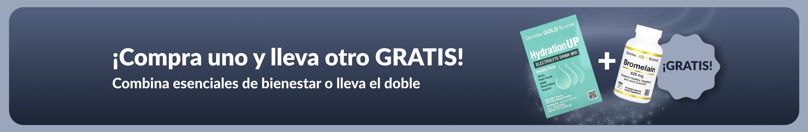Banner de iHerb ofreciendo la oferta de “Compra uno y lleva otro gratis” en esenciales de bienestar.