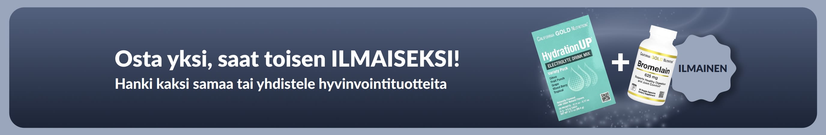 iHerb-mainosbanneri, joka tarjoaa hyvinvointituotteita kaksi yhden hinnalla. Kuvassa probioottilisiä ja pipettipullo.