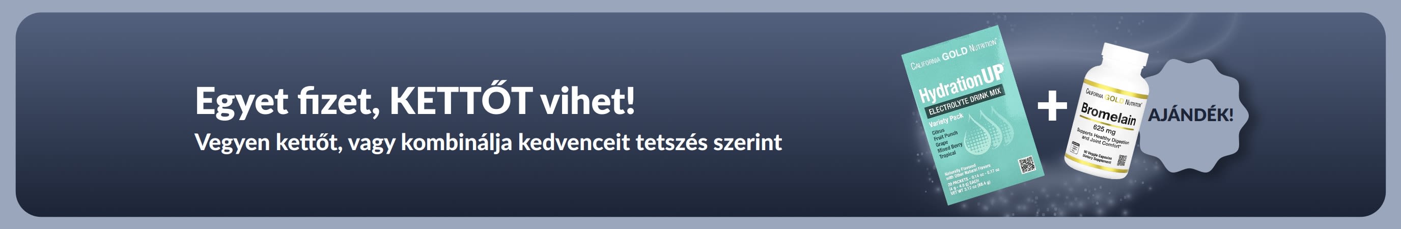 iHerb promóciós banner, amely Egyet fizet, kettőt vihet akció keretében kínál wellness termékeket, probiotikus étrend-kiegészítőket és cseppentős üveget ábrázolva.