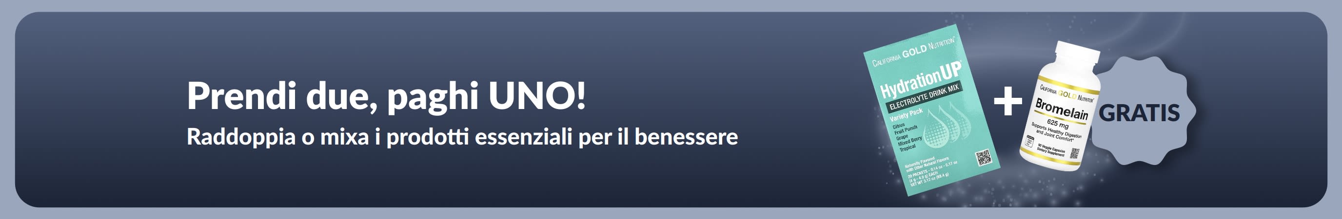 Banner promozionale iHerb con offerta prendi due paghi uno su prodotti essenziali per il benessere; vengono mostrati integratori probiotici e un flacone con contagocce.