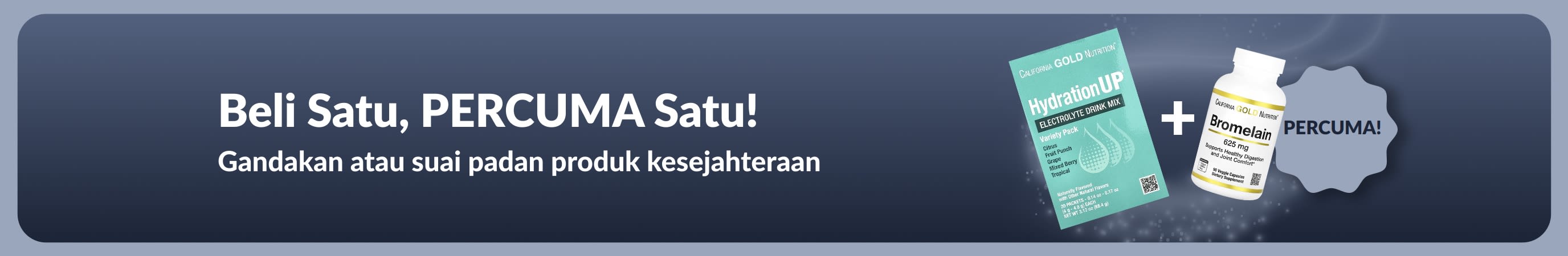Sepanduk promosi iHerb menawarkan beli satu, percuma satu untuk keperluan kesejahteraan, menampilkan suplemen probiotik dan botol penitis.