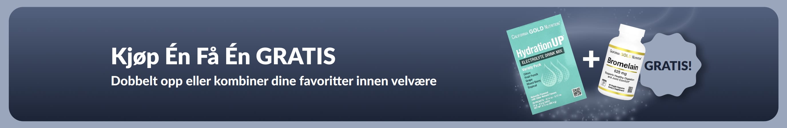iHerb-kampanjebanner med «kjøp én, få én gratis» på velværeprodukter, med probiotiske kosttilskudd og en dråpeflaske.