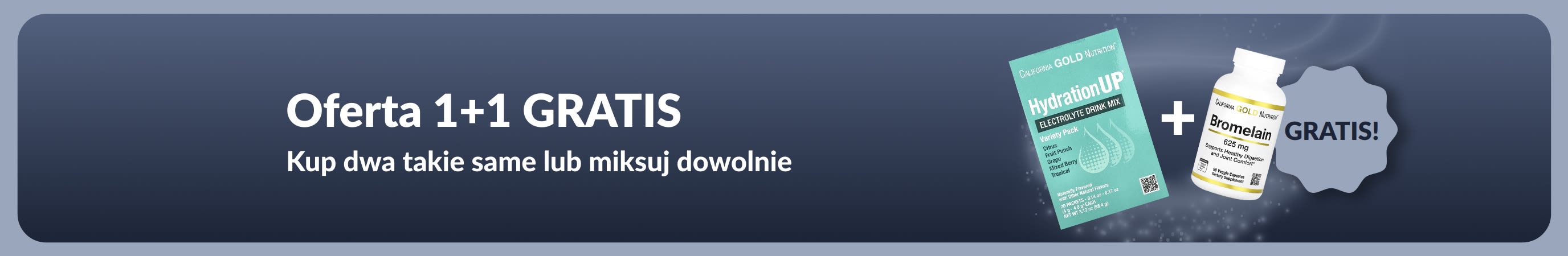 Baner promocyjny iHerb oferujący Ofertę 1+1 GRATIS na niezbędne produkty dla zdrowia, przedstawiający suplementy probiotyczne oraz butelkę z zakraplaczem.