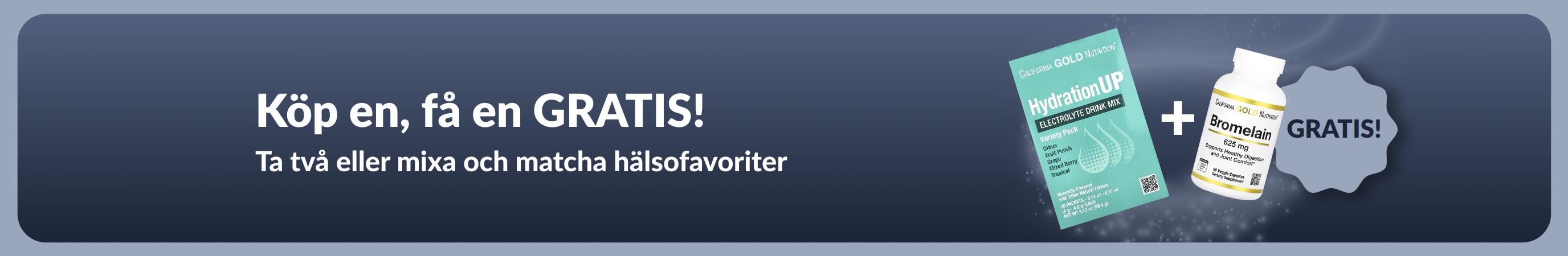 iHerb kampanjbanner som erbjuder köp en, få en gratis på favoriter för välmående, med probiotikatillskott och en droppflaska.