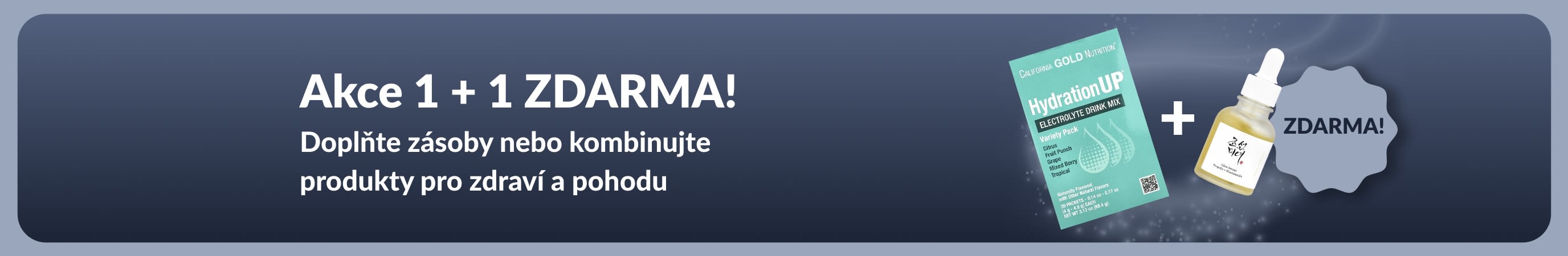 Promo banner iHerb nabízející akci 1 + 1 zdarma na základní produkty pro zdraví a pohodu, s probiotickými doplňky stravy a lahvičkou s kapátkem.