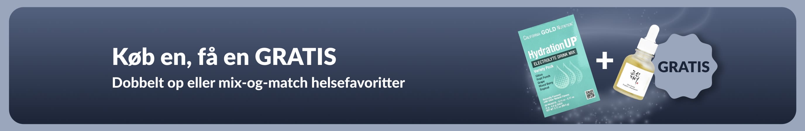 iHerb-kampagnebanner med tilbuddet køb en, få en gratis på helsefavoritter, inklusive probiotiske kosttilskud og en pipetteflaske.