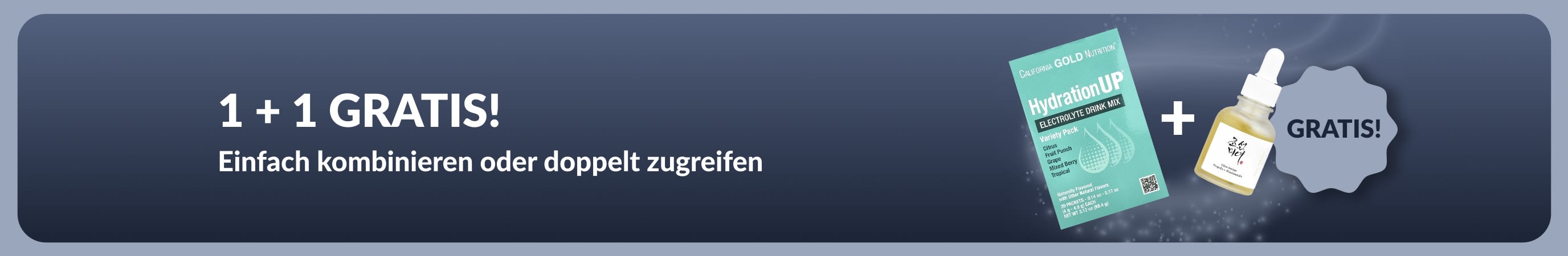 iHerb Werbebanner mit dem Angebot „Kaufe eins und erhalte eins gratis“ für Gesundheitsprodukte wie probiotische Nahrungsergänzungsmittel und Seren.