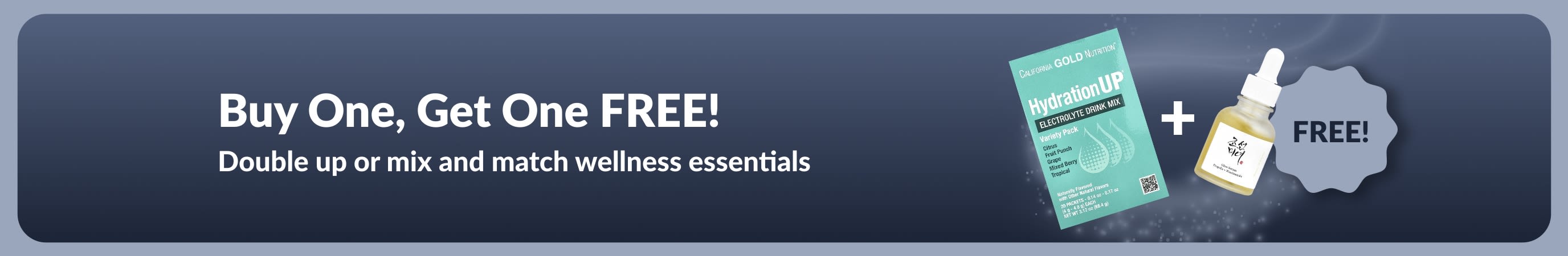 iHerb promo banner offering buy one get one free on wellness essentials.