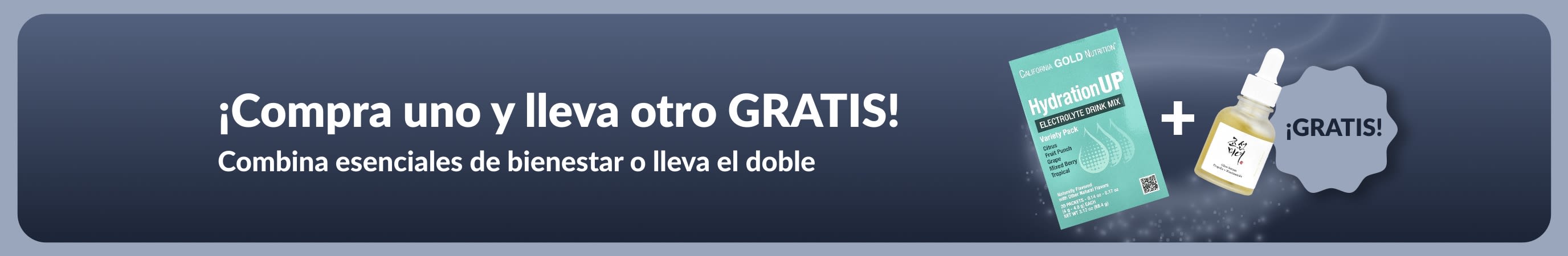 Banner de iHerb ofreciendo la oferta de “Compra uno y lleva otro gratis” en esenciales de bienestar.