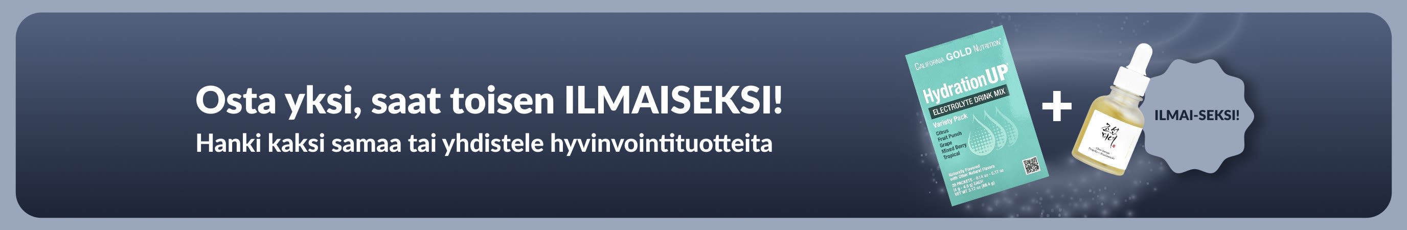 iHerb-mainosbanneri, joka tarjoaa hyvinvointituotteita kaksi yhden hinnalla. Kuvassa probioottilisiä ja pipettipullo.