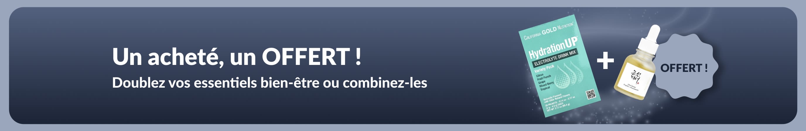 Bannière iHerb 1 acheté = 1 offert sur les essentiels bien-être, avec des compléments probiotiques et flacon compte-gouttes