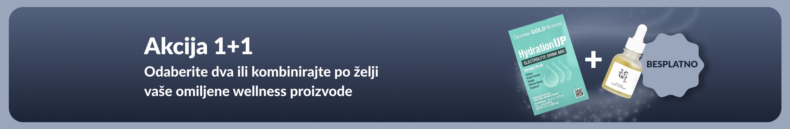 iHerb reklamni natpis za promociju Akciju 1+1 na wellness proizvode, s prikazom probiotičkih dodataka i bočice s kapaljkom.