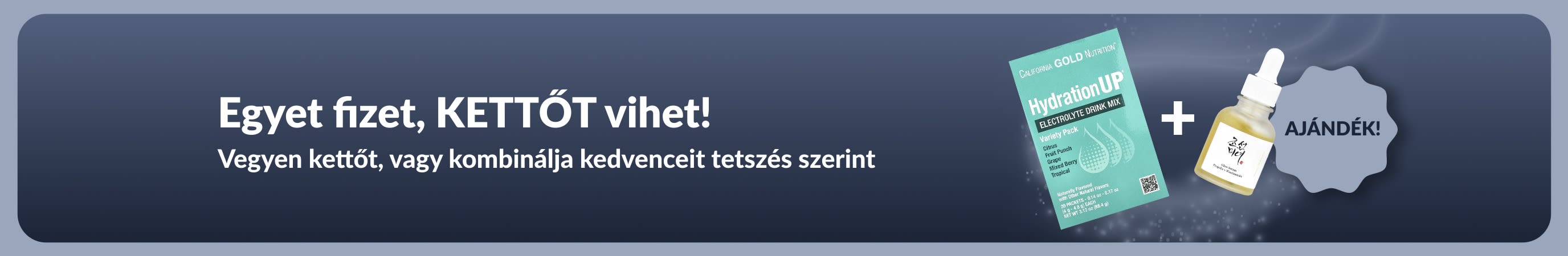 iHerb promóciós banner, amely Egyet fizet, kettőt vihet akció keretében kínál wellness termékeket, probiotikus étrend-kiegészítőket és cseppentős üveget ábrázolva.
