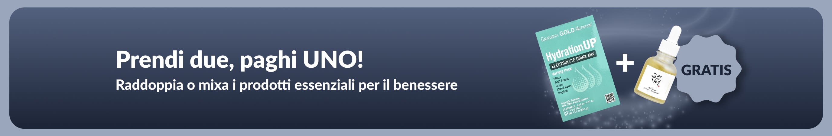 Banner promozionale iHerb con offerta prendi due paghi uno su prodotti essenziali per il benessere; vengono mostrati integratori probiotici e un flacone con contagocce.