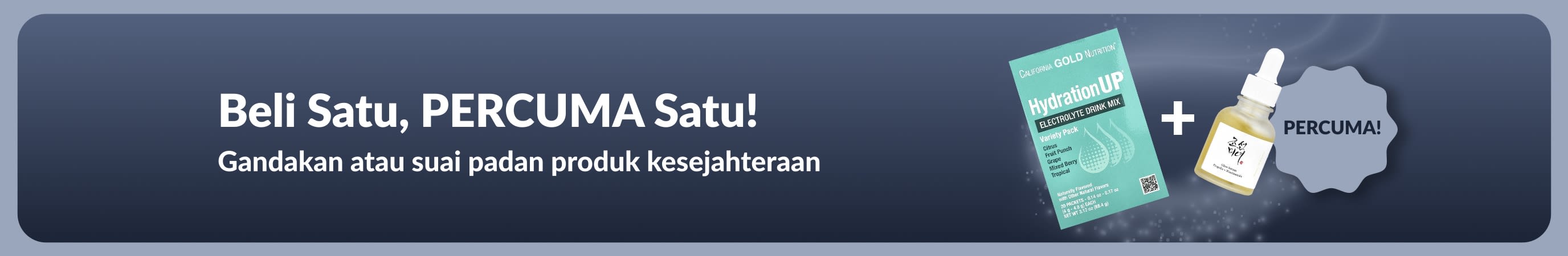Sepanduk promosi iHerb menawarkan beli satu, percuma satu untuk keperluan kesejahteraan, menampilkan suplemen probiotik dan botol penitis.