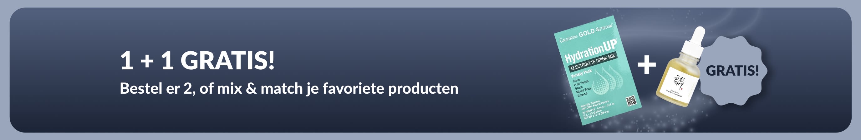 iHerb-promotiebanner met een '1+1 gratis'-actie op essentiële welzijnsproducten, waaronder probiotische supplementen en een pipetflesje.