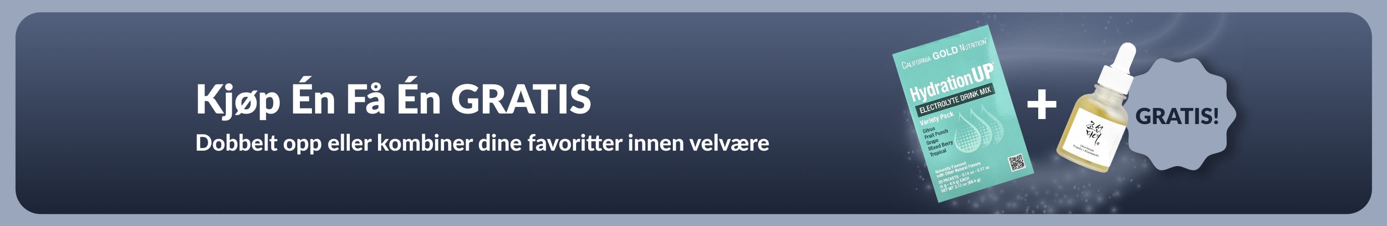 iHerb-kampanjebanner med «kjøp én, få én gratis» på velværeprodukter, med probiotiske kosttilskudd og en dråpeflaske.