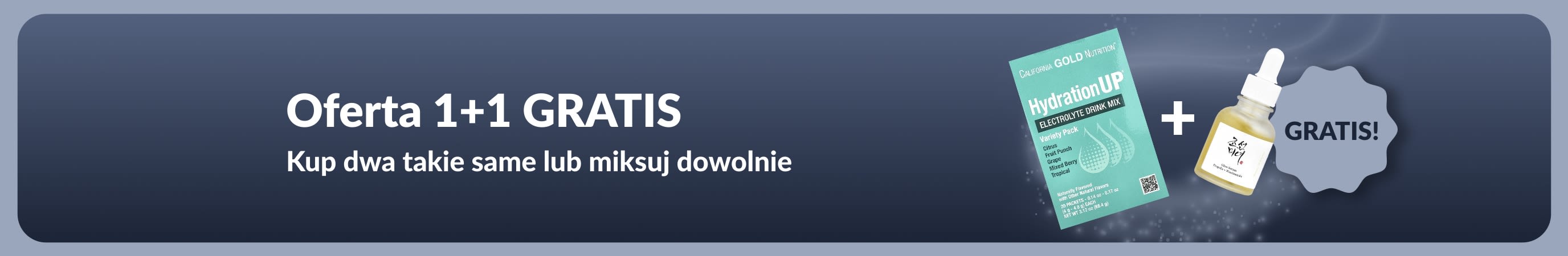 Baner promocyjny iHerb oferujący Ofertę 1+1 GRATIS na niezbędne produkty dla zdrowia, przedstawiający suplementy probiotyczne oraz butelkę z zakraplaczem.