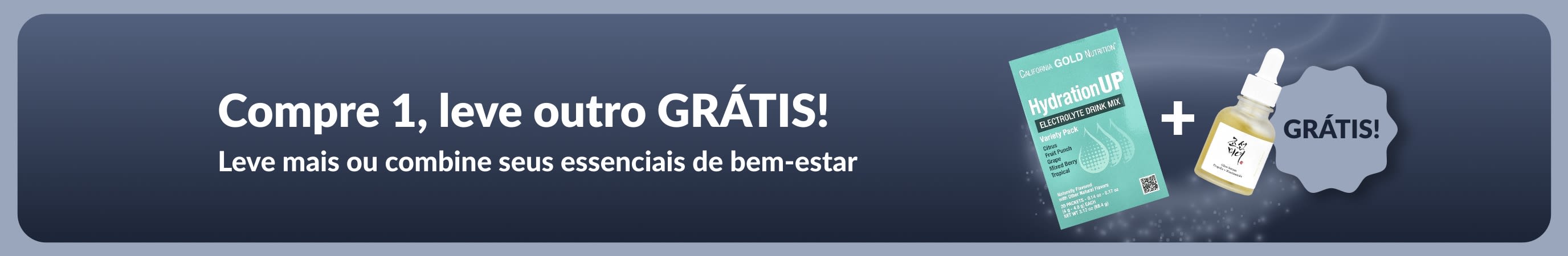 Banner da iHerb oferecendo compre 1, leve outro grátis em itens essenciais de bem-estar, com destaque para suplementos probióticos e frasco conta-gotas.