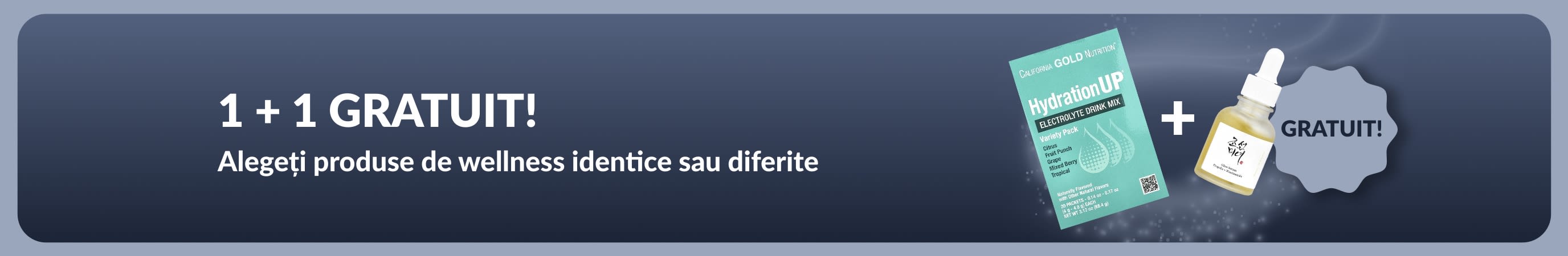 Banner iHerb cu produse esențiale pentru wellness în oferta 1 + 1 gratuit, cu suplimente probiotice și flacon cu pipetă.