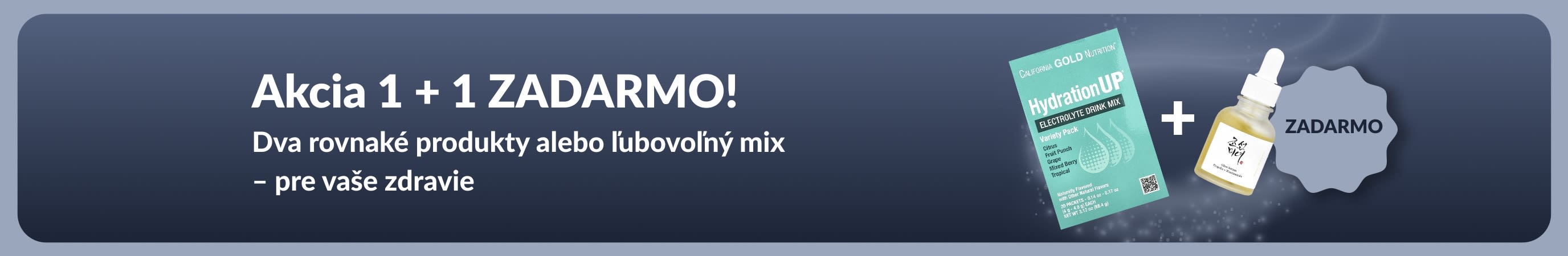 Baner iHerb s akciou „1 + 1 zadarmo“ na základné produkty pre zdravie, zobrazujúci probiotiká a fľaštičku s kvapkadlom.