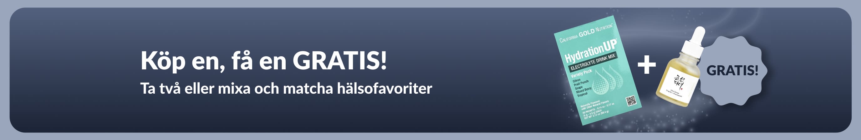 iHerb kampanjbanner som erbjuder köp en, få en gratis på favoriter för välmående, med probiotikatillskott och en droppflaska.