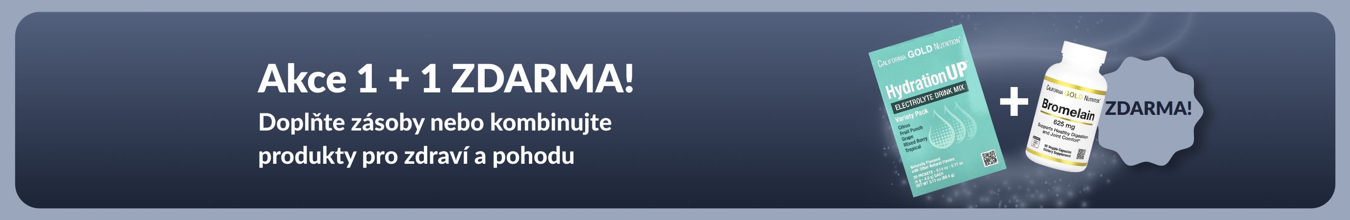 Promo banner iHerb nabízející akci 1 + 1 zdarma na základní produkty pro zdraví a pohodu, s probiotickými doplňky stravy a lahvičkou s kapátkem.