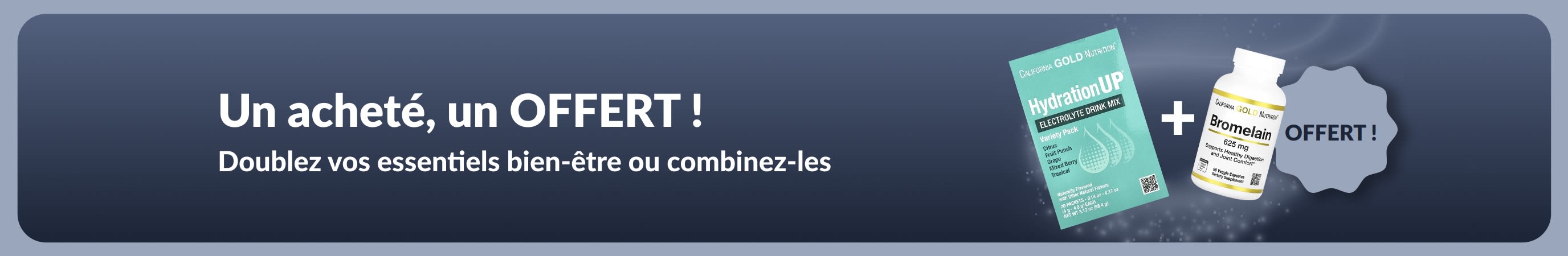 Bannière iHerb 1 acheté = 1 offert sur les essentiels bien-être, avec des compléments probiotiques et flacon compte-gouttes