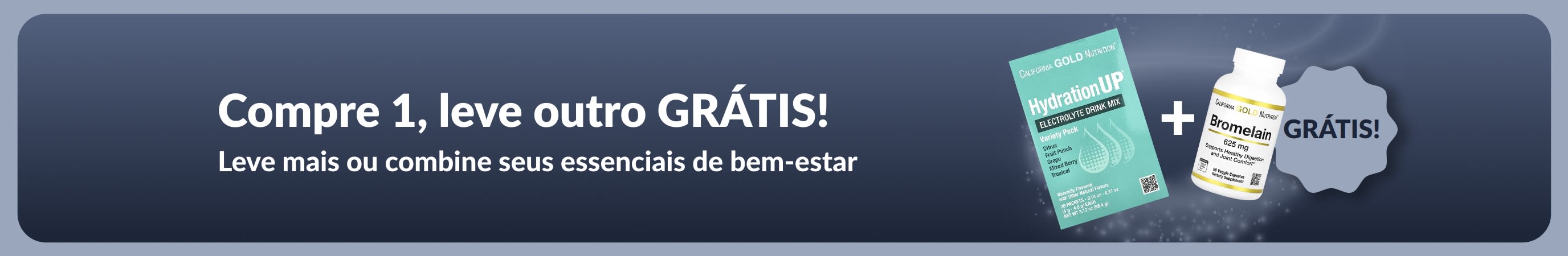 Banner da iHerb oferecendo compre 1, leve outro grátis em itens essenciais de bem-estar, com destaque para suplementos probióticos e frasco conta-gotas.