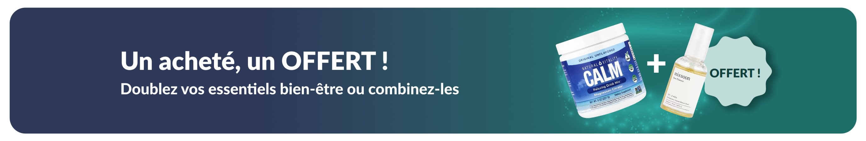 Bannière iHerb 1 acheté = 1 offert sur les essentiels bien-être, avec des compléments probiotiques et flacon compte-gouttes