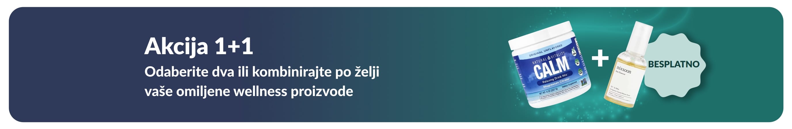 iHerb reklamni natpis za promociju Akciju 1+1 na wellness proizvode, s prikazom probiotičkih dodataka i bočice s kapaljkom.