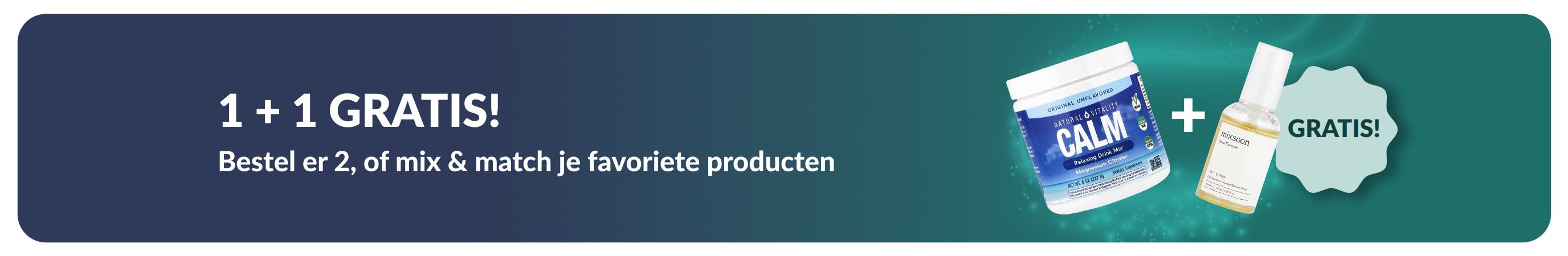 iHerb-promotiebanner met een '1+1 gratis'-actie op essentiële welzijnsproducten, waaronder probiotische supplementen en een pipetflesje.