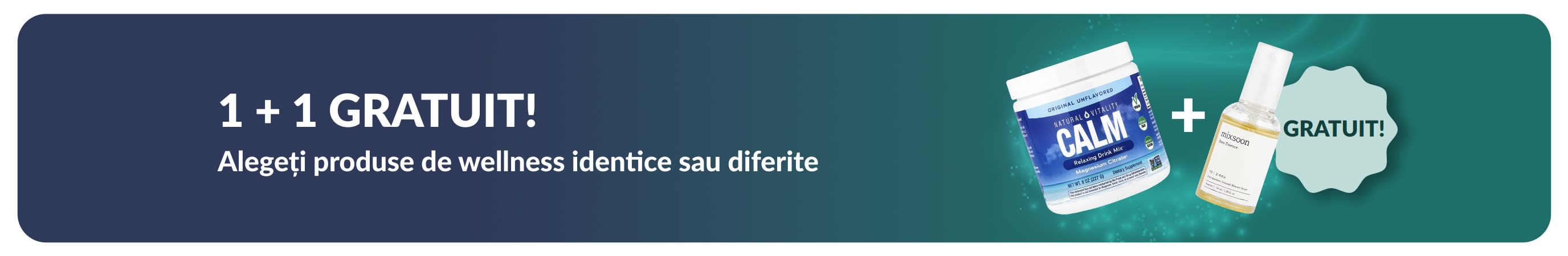 Banner iHerb cu produse esențiale pentru wellness în oferta 1 + 1 gratuit, cu suplimente probiotice și flacon cu pipetă.
