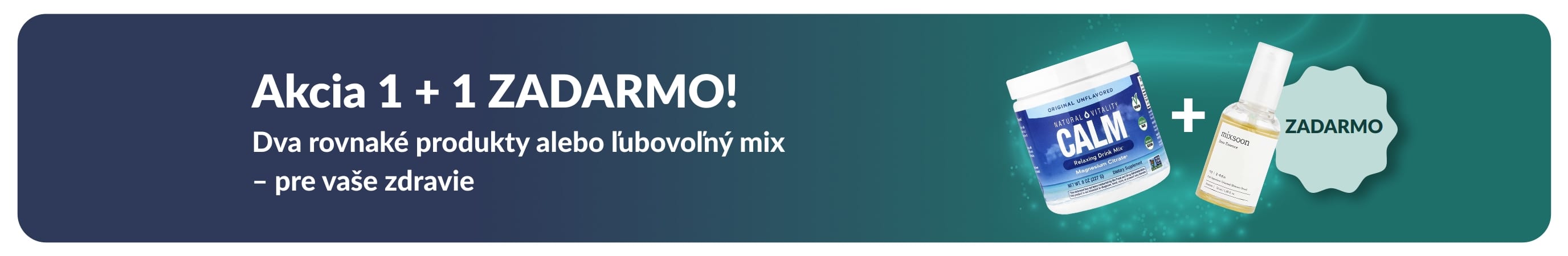 Baner iHerb s akciou „1 + 1 zadarmo“ na základné produkty pre zdravie, zobrazujúci probiotiká a fľaštičku s kvapkadlom.