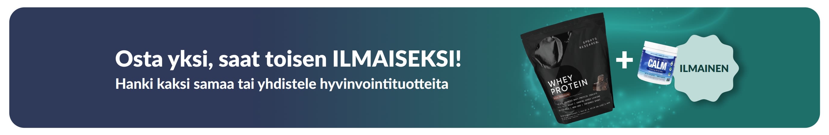 iHerb-mainosbanneri, joka tarjoaa hyvinvointituotteita kaksi yhden hinnalla. Kuvassa probioottilisiä ja pipettipullo.