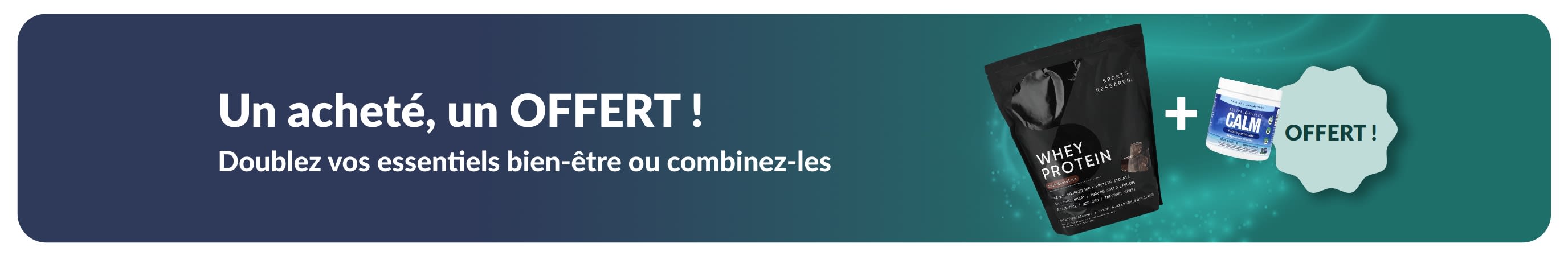 Bannière iHerb 1 acheté = 1 offert sur les essentiels bien-être, avec des compléments probiotiques et flacon compte-gouttes