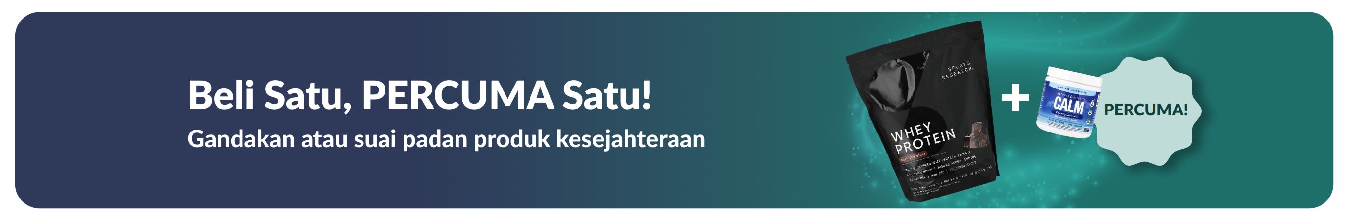 Sepanduk promosi iHerb menawarkan beli satu, percuma satu untuk keperluan kesejahteraan, menampilkan suplemen probiotik dan botol penitis.