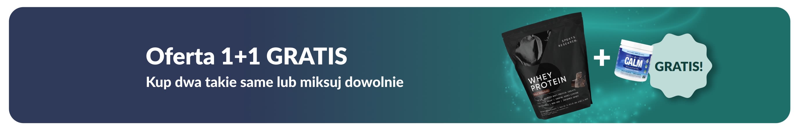 Baner promocyjny iHerb oferujący Ofertę 1+1 GRATIS na niezbędne produkty dla zdrowia, przedstawiający suplementy probiotyczne oraz butelkę z zakraplaczem.