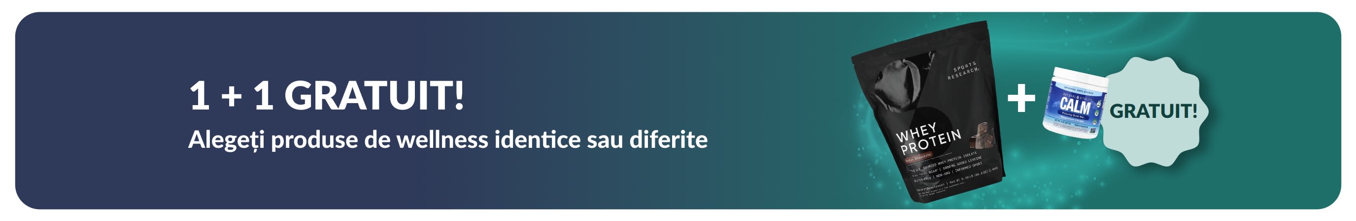 Banner iHerb cu produse esențiale pentru wellness în oferta 1 + 1 gratuit, cu suplimente probiotice și flacon cu pipetă.