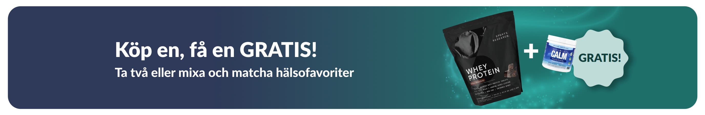 iHerb kampanjbanner som erbjuder köp en, få en gratis på favoriter för välmående, med probiotikatillskott och en droppflaska.